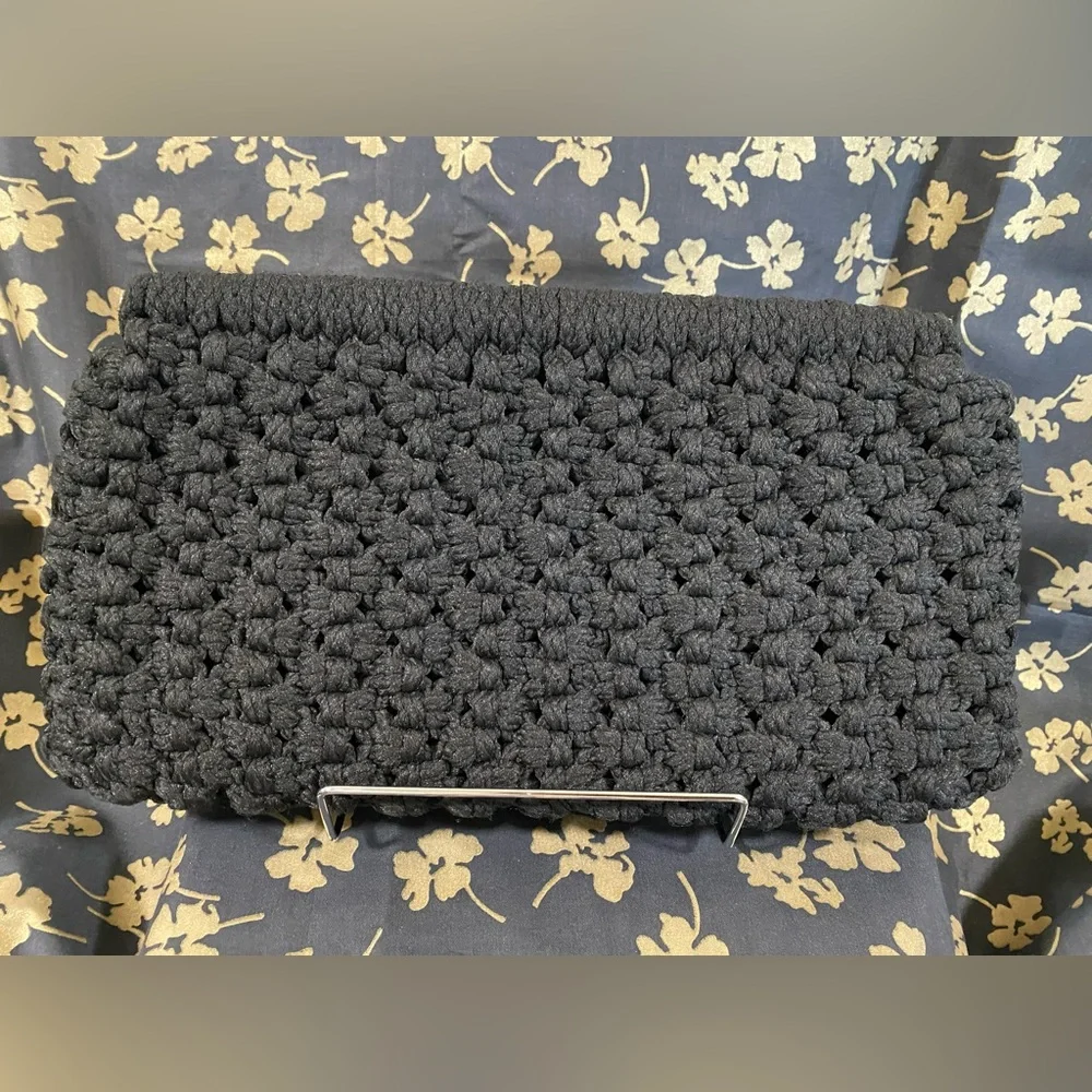 Vintage Black Crochet Clutch Purse Handbag Bobble Popcorn Stitch
